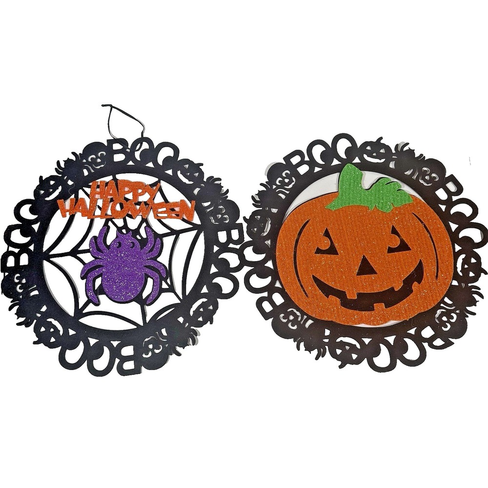 Unbranded Halloween Wall Decor Set 2pc 14in Black Orange Glitter Spider Pumpkin